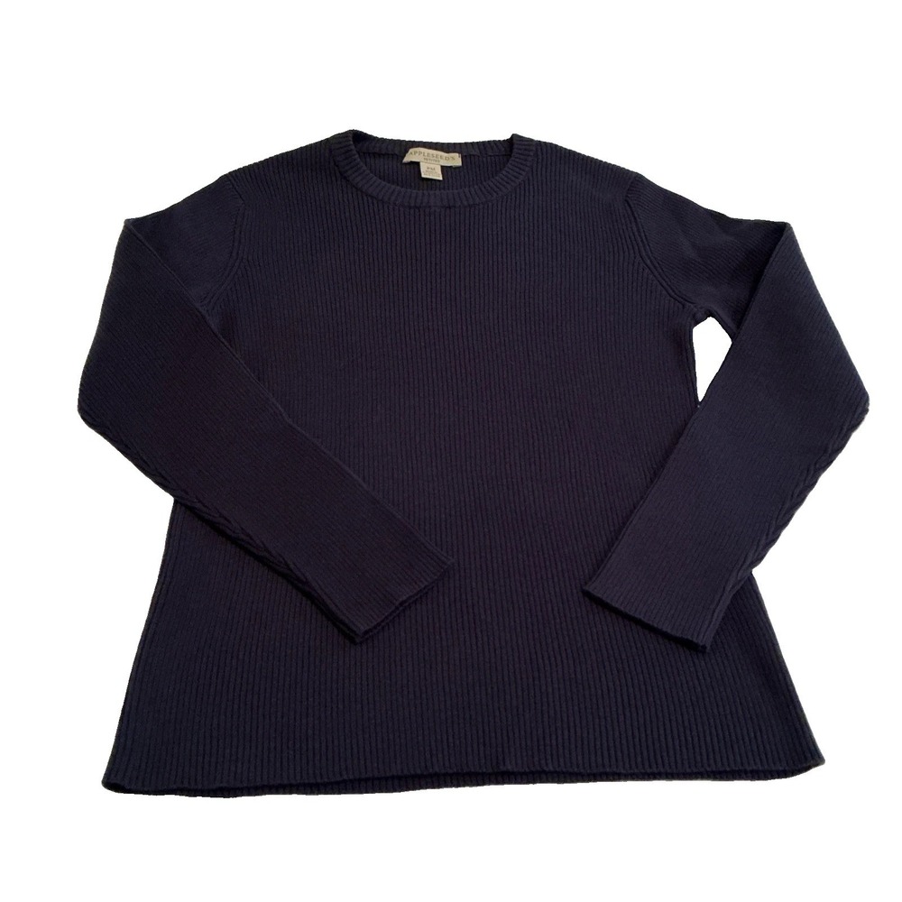 Appleseeds Navy Blue Rib Knit Pullover 100 Percent Cotton Women's Petite Medium